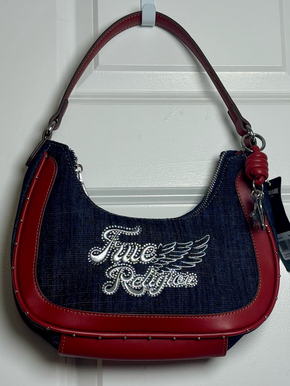 TRUE RELIGION Dark Wash Denim Red Trim Studded Shoulder Handbag